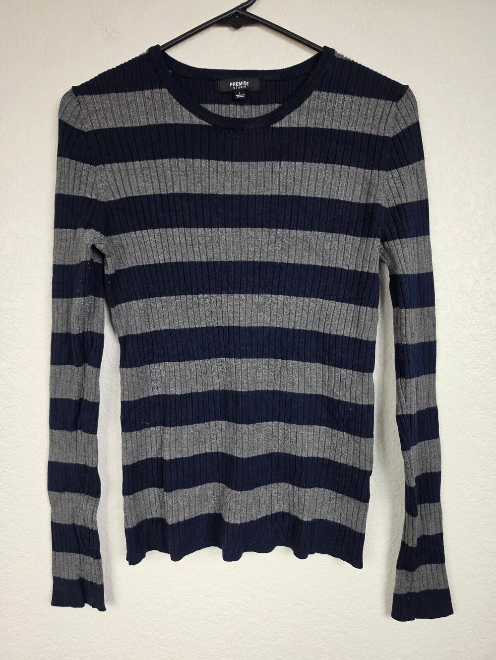 Premise Studio Navy Gray Stripe Ribbed Sweater Large